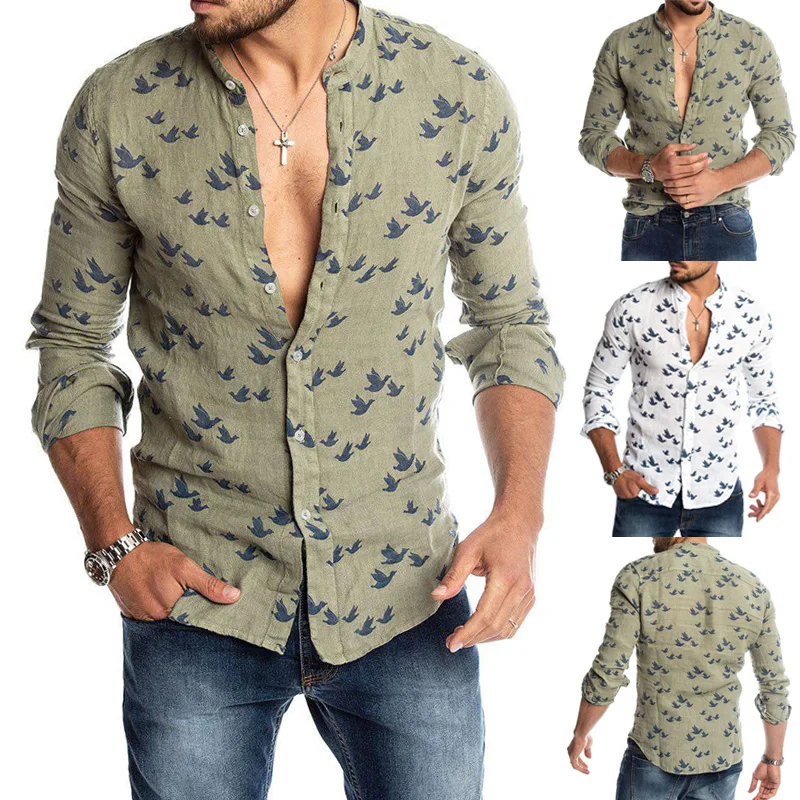 Мужская льняная рубашка в гавайском стиле с принтом однобортный Топ длинным