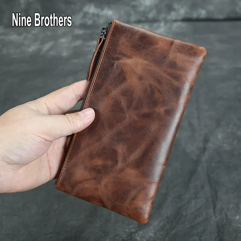 Classci Retro Crazy Horse Leather Men's Zipper Wallet Luxury Clutch Bag Long Wallet Genuine Leather Cowhide Male Phone Purse