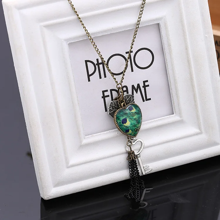 Ожерелье с подвеской в форме листа павлина сердца винтажное длинное ожерелье