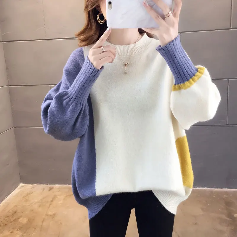 

Зимний осенний вязаный пуловер, топы, Рождественский свитер размера плюс, одежда в Корейском стиле, женский свитер в стиле пэчворк