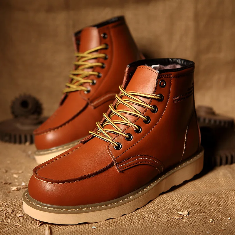 

Autumn Winter Retro Men's Work Boots Brown Platform Warm Fur Boots Men Casual Non-slip Rubber Comfortable Leather Boots for Men