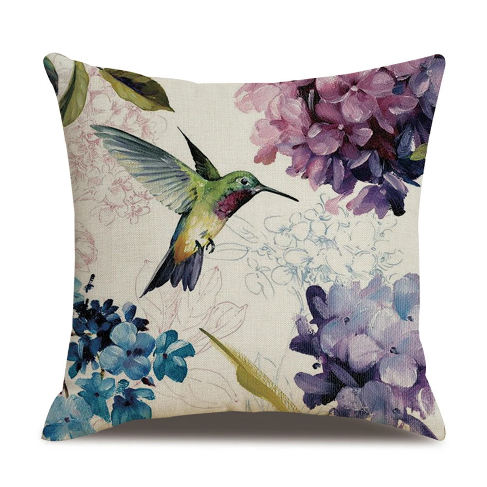 45x45 см Название товара: Колибри цветочный узор Подушка Чехол для подушки льняная
