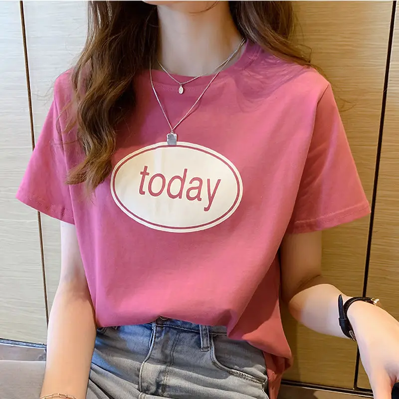 

Short Sleeve Printed Shirt Women 2021 Summer Korean Style Loose T-shirts Basic O-neck Tops Casual Woman Tshirts Sweet Girl Tees