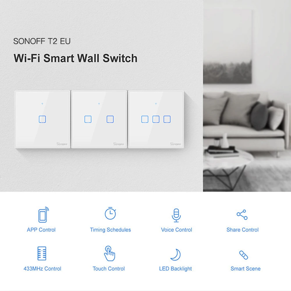 Высветильник ель света Sonoff T2 Wi Fi 1/2/3 клавиши 433 МГц|switch smart|switch smart homeswitch switch |