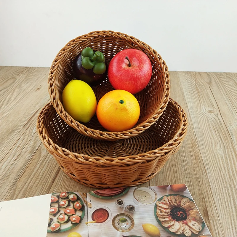 

Imitation Rattan Wicker Basket for Food Round Table Brown Handmade Food Storage Tray for Bread Snack Wicker Baskets Household
