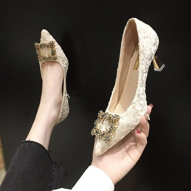 

7CM Fashion Banquet Women's Shallow Mouth Pointed Rhinestone Square Buckle Comfortable Luxury Design High Heel Pumps