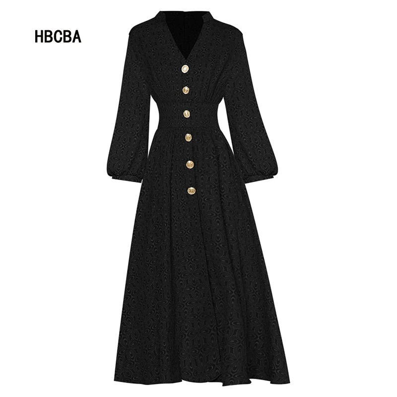 

HBCBAFashion Runway Autumn Black Dress Women's V-Neck Lantern Sleeve Single-breasted Printed Party Elegant Midi Dress
