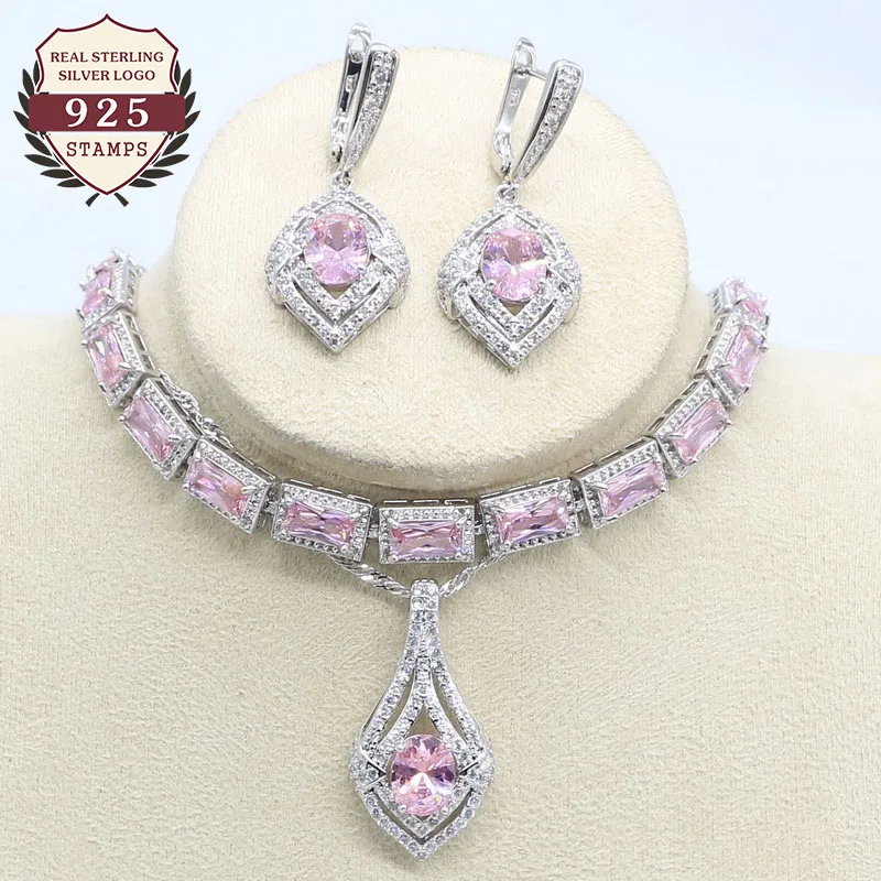 Розовый циркон 925 марка серебряный цвет набор украшений для женщин браслет