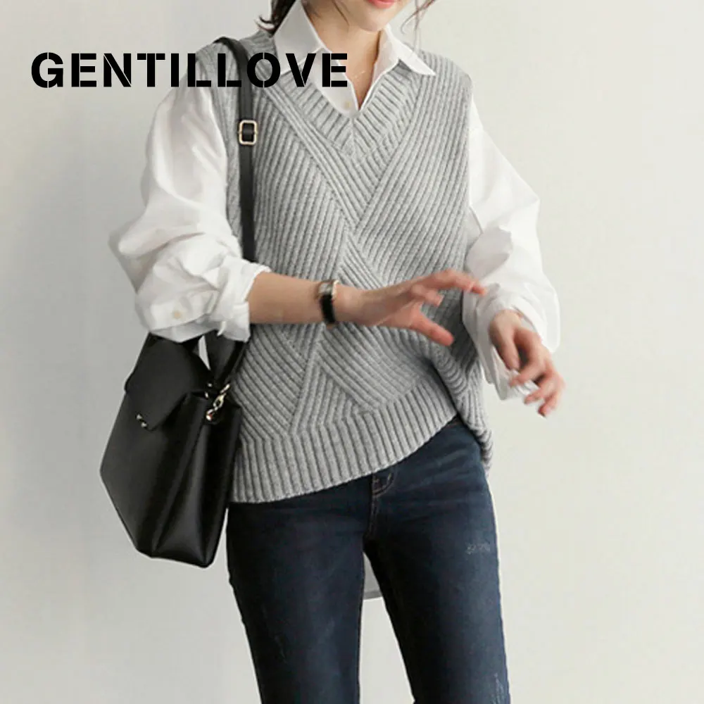 

Vintage V Neck Spring Autumn Twist Striped Vest Women Sweater Solid Sleeveless Oversized Jumper Knitted Loose Ladies Pullover