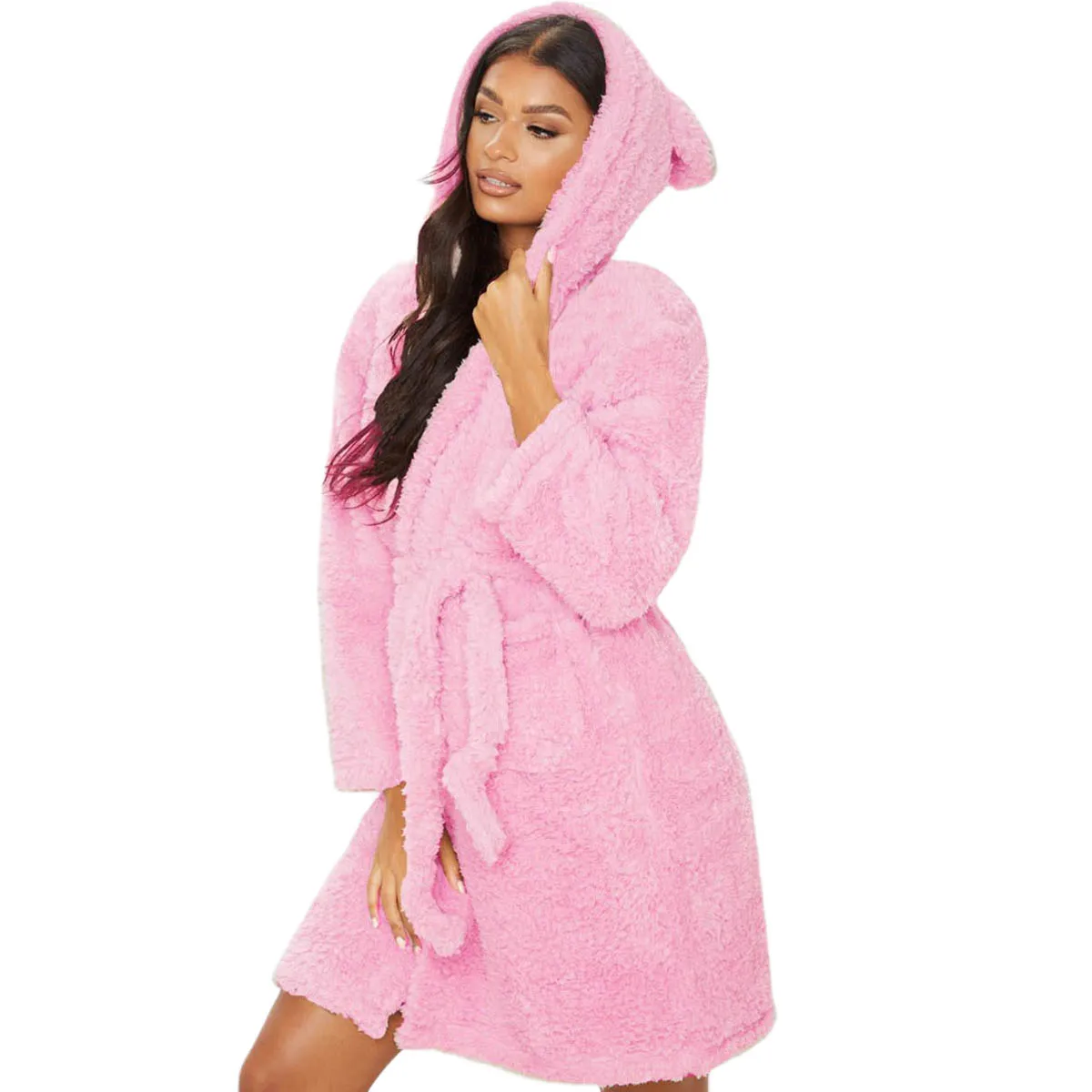Women Warm Kimono Robe Plush Fleece Bathrobes Soft Long Sleeve Animals Ears Hooded Night-robe Loungewear Pajama Sleepwear | Женская