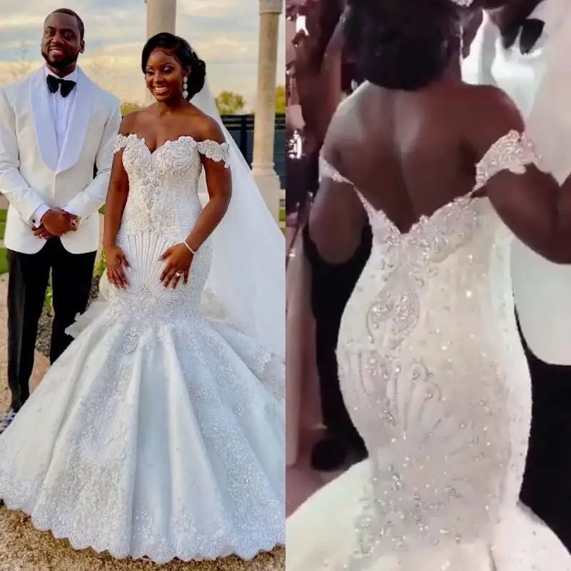 

Luxury Arabic African Mermaid Wedding Dresses 2024 Off Shoulder Backless Crystal Rhinestones Vestidos De Fiesta Bridal Gown