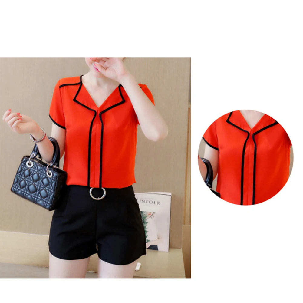 Женская летняя шифоновая блузка с коротким рукавом и V-образным вырезом | одежда