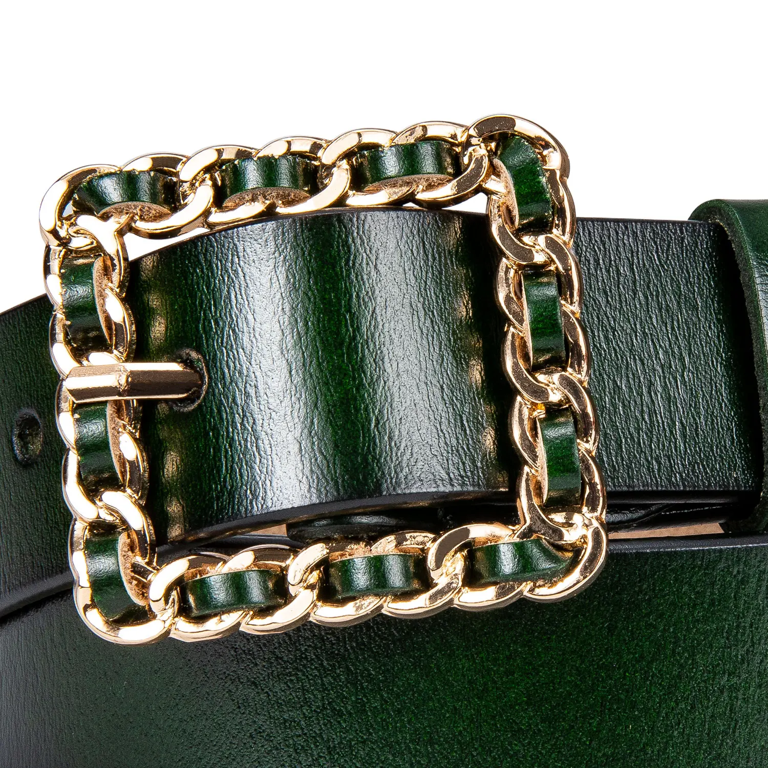 Ремень женский с зеленой пряжкой золотистый квадратный для джинсов|Женские