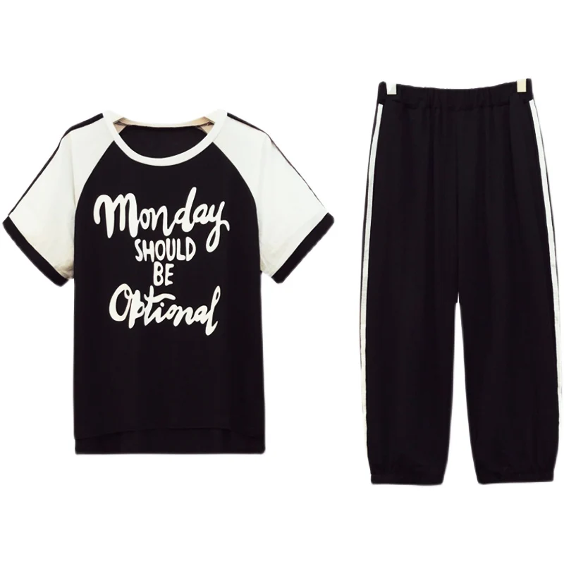 

2021 Summer Two-Piece Sets For Women Letter Printed Patchwork O-Neck T-Shirt + Elastic Waist Black Pants Suit Female Outfit