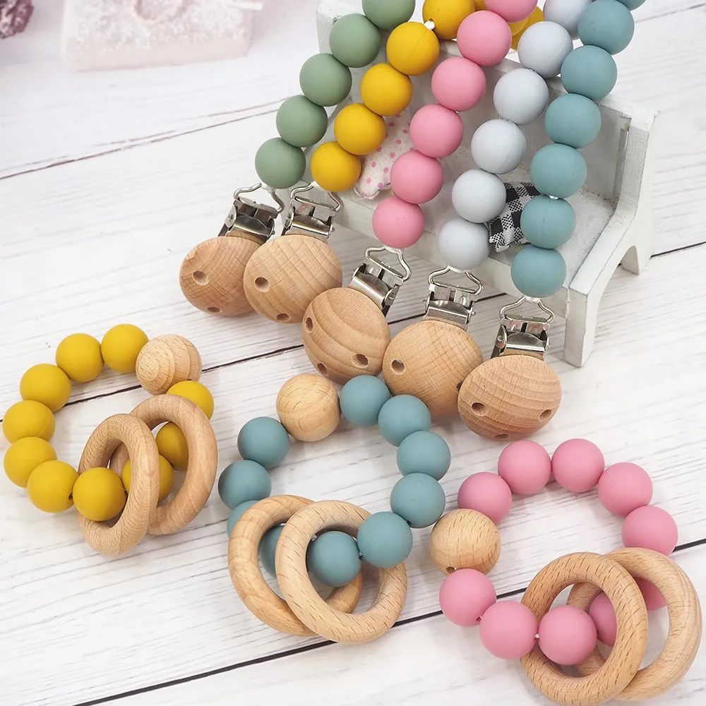 

Chenkai 5pcs Wood Silicone Teether Ring Nature Baby Rattle Grasping Fidget Toy DIY Organic Eco-friendly Wood Gift Accessories