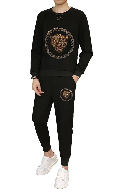 

2020 Men Tracksuits 2 Piece Set Round Neck Pullover Sweater Pants Hot Diamond Printing Sports Suit Gym Jogging Casual Sportwear