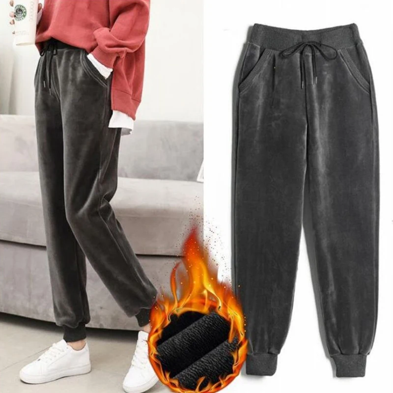 Осенне-зимние плотные Женские повседневные Бархатные брюки с высокой талией