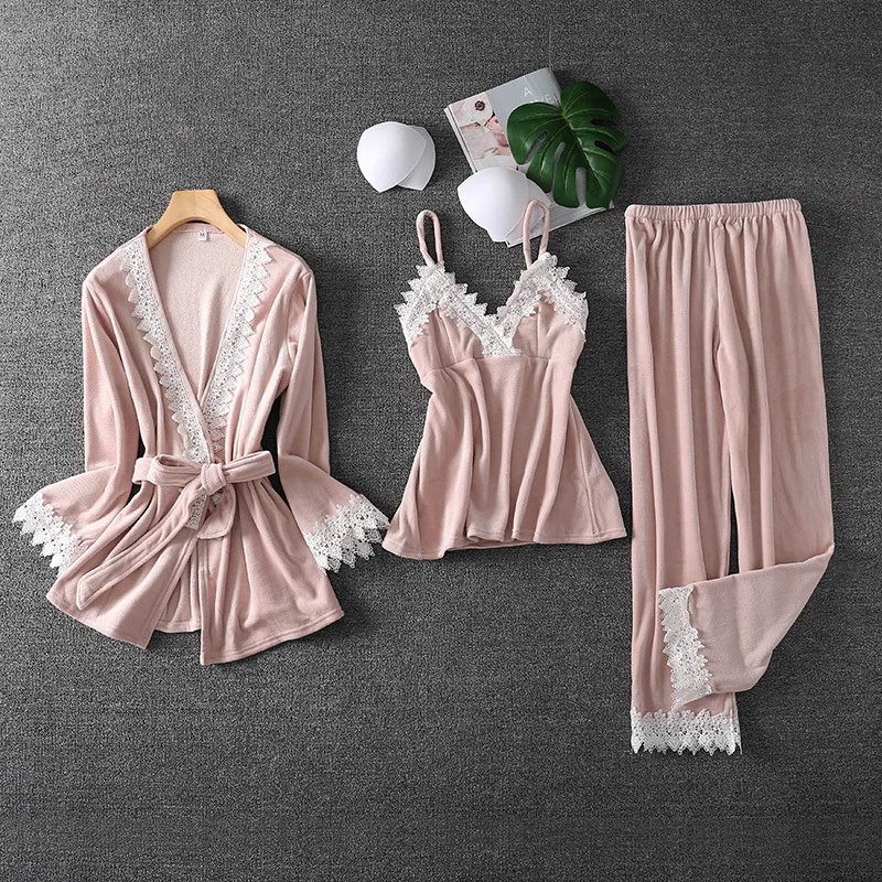 

Autumn Winter Warm 3PCS Pajamas Set Female Velvet Sleepwear Sexy Sleep Set Casual Lace Nightwear Soft Kimono Banthrobe Gown