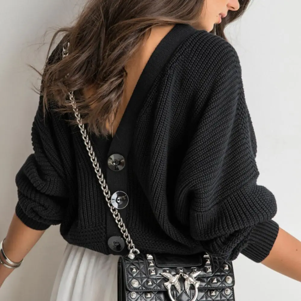 Женский трикотажный свитер с V-образным вырезом на пуговицах | Женская одежда