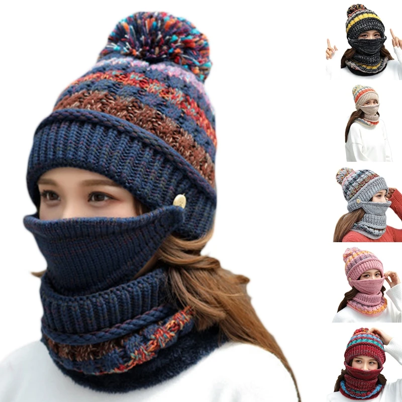 

Women Winter 3Pcs Pompom Beanie Hat Circle Scarf Face Mask Set Multicolor Striped Knit Skull Cap Plush Lined Neck Warmer
