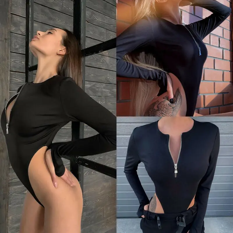 Женское боди с открытыми плечами длинным рукавом и молнией спереди|Комбинезоны c