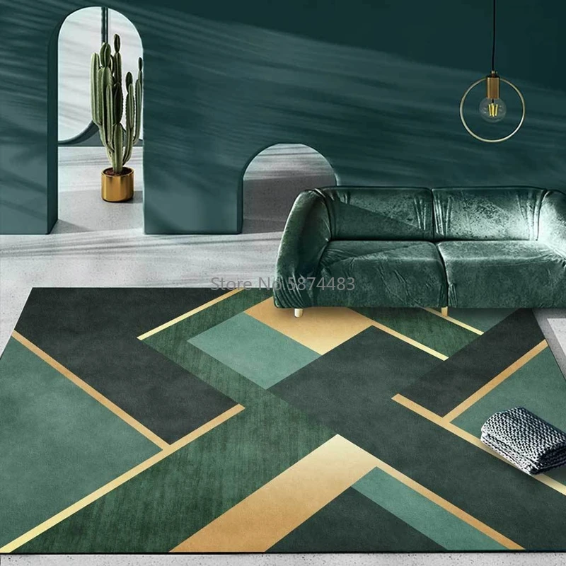 Dark Green Emerald Carpet Geometric Gold Line White Marble Mosaic Area Living Room Bedroom Sofa Non-slip Floor Mat | Дом и сад