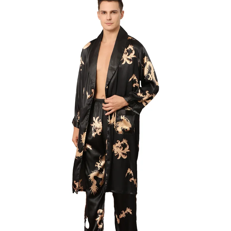 Two-Piece Bathrobe Pants OR Shorts Pajama Set Long Sleeve Nightgown Men Kimono Silky Robe for Men Sleepwear Bath Robe Sleep Tops