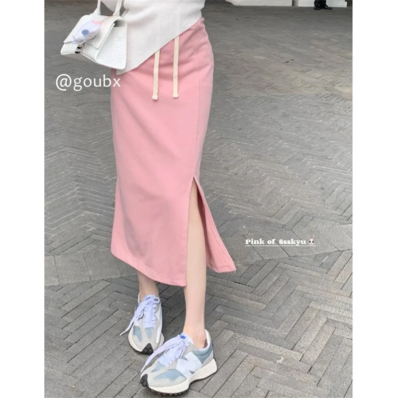 

Женская розовая юбка средней длины на завязках с разрезом, осень 2021, новая дизайнерская нишевая юбка с высокой талией