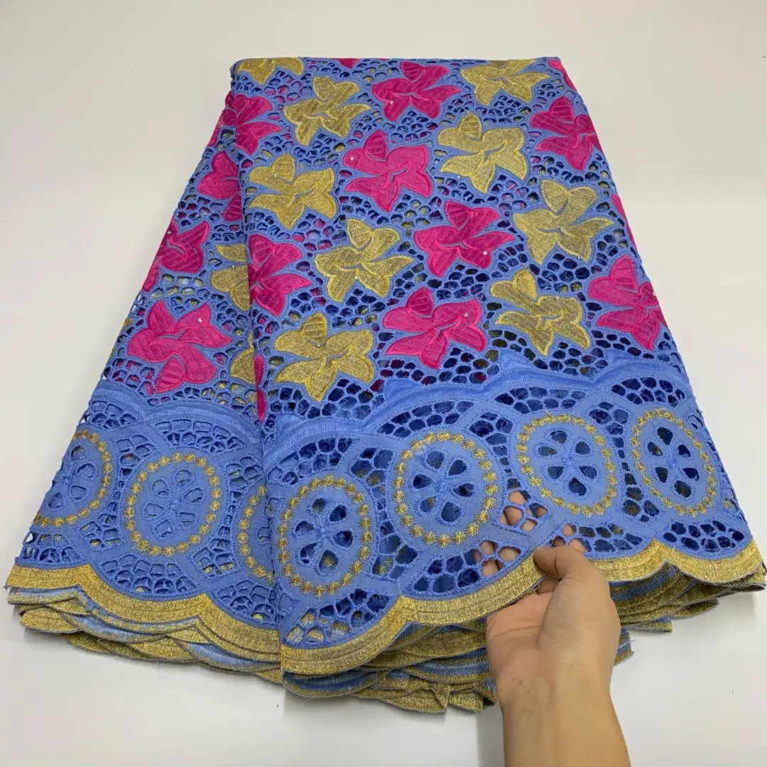

New Lace Fabric Blue African Cotton Lace Fabric High Quality Embroidery Dubai Swiss Voile Lace In Switzerland Dress For Women SS