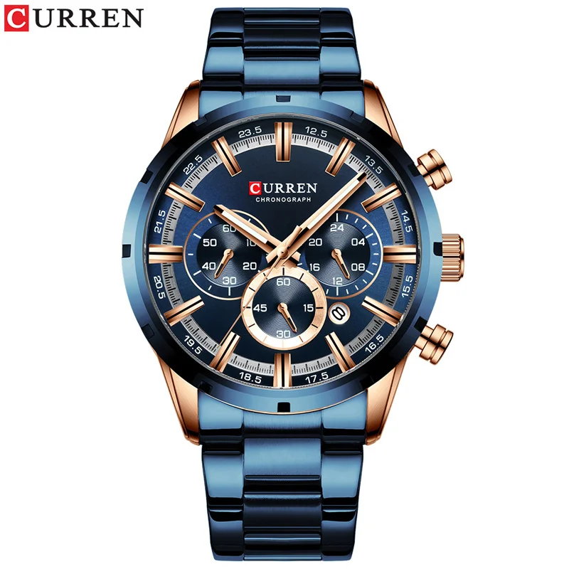 blue watch Роскошные мужские кварцевые часы от Топ Бренда CURREN из нержавеющей стали, с секундомером, релого - Цвет: blue watch