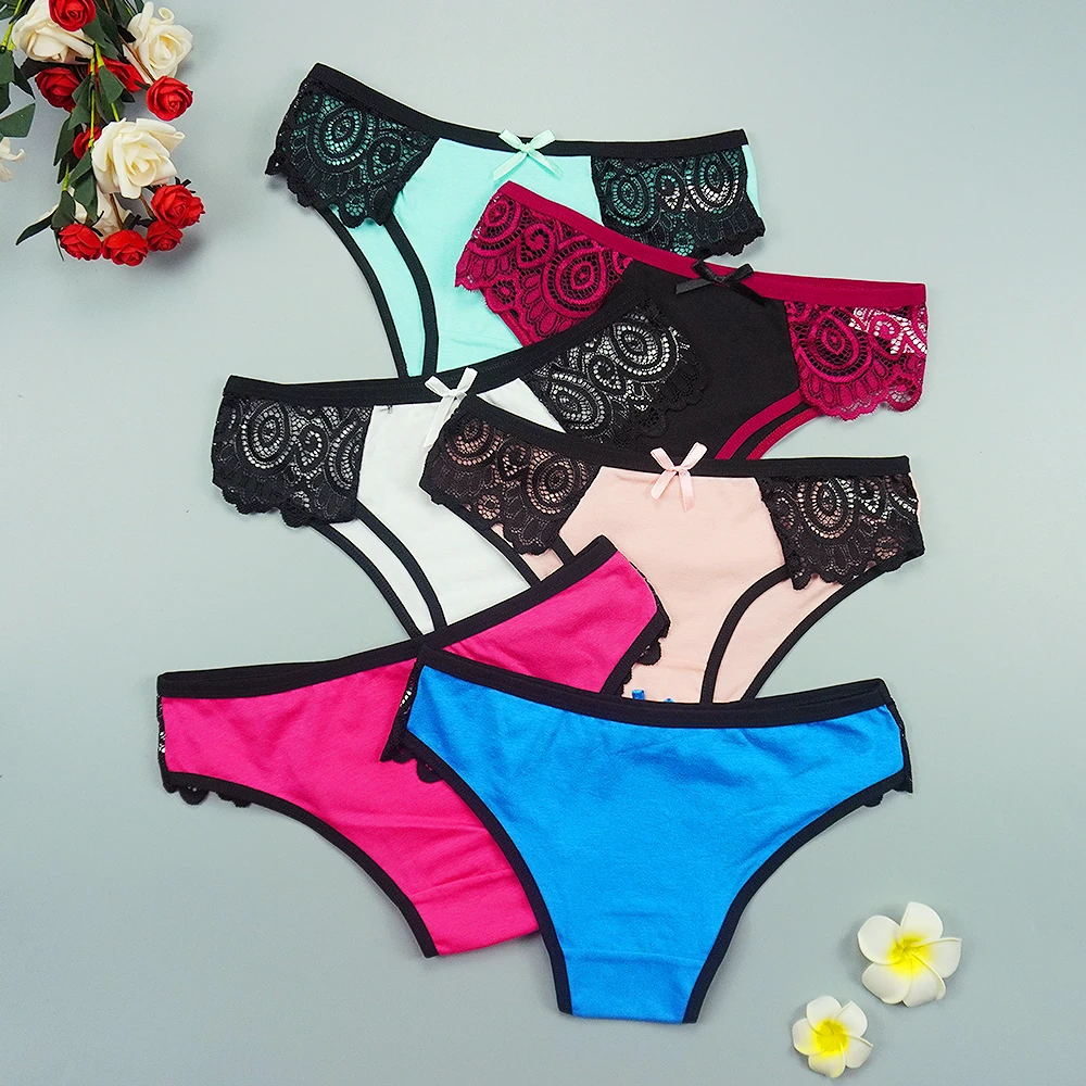 Sexy Lingerie for Women Underwear Pack of Panties Black Transparent Lace Splicing with Bow Cotten Panties 6 Pcs Lot Patchwork
