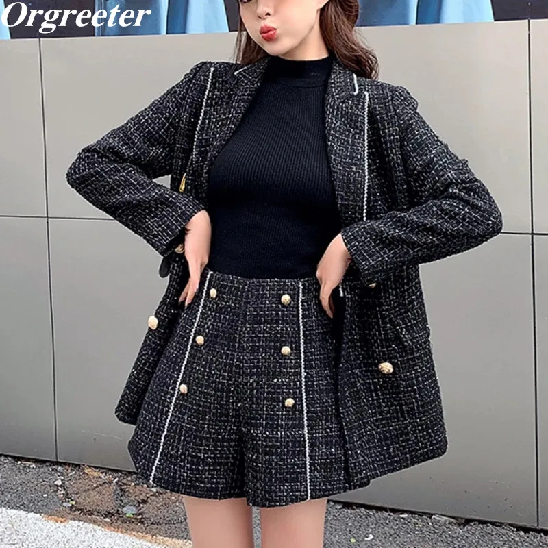 

Elegant Ladies Vintage Black Shorts Two piece set Women Bright Silk Tweed Suit Coat + High waist Double-breasted Shorts Outfits