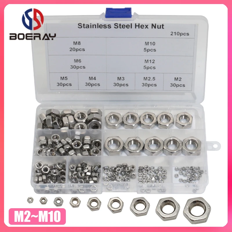 

210pcs Hex Nut M2 M2.5 M3 M4 M5 M6 M8 M10 M12 Box-packed Stainless Steel Hexagon Nuts Metric Thread Suit For Screws Bolts