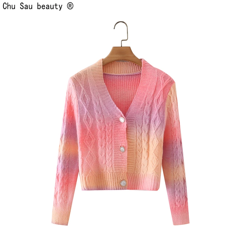 

Новинка Осень-зима 2021, модная Милая подходящая ко всему верхняя одежда в Корейском стиле радужного цвета, короткий вязаный кардиган, свитер ...