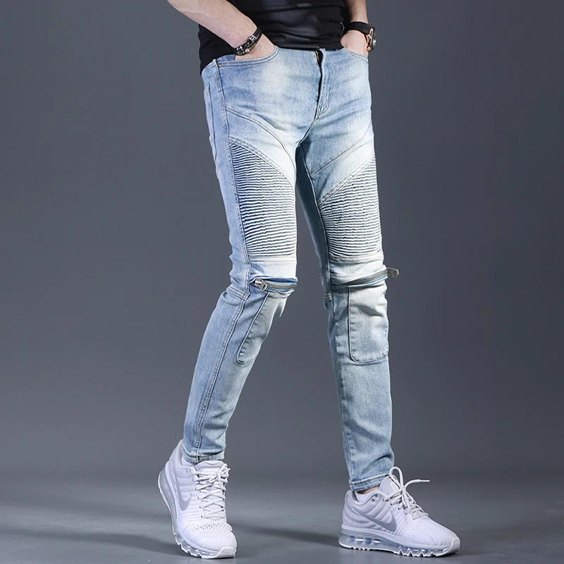Summer Men's Light Blue Biker Jeans Fashion Slim Fit Denim Pants