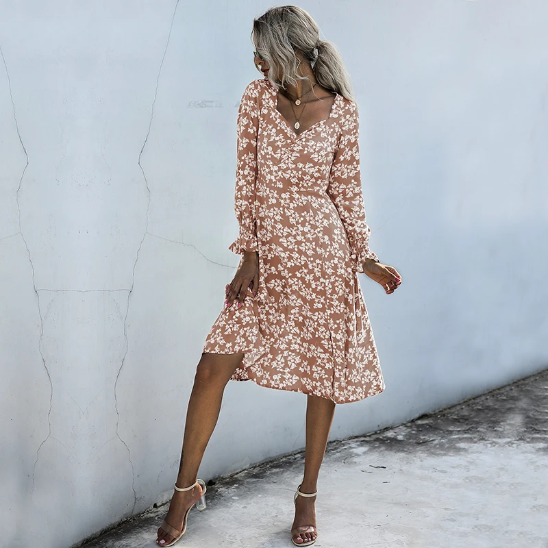 

Autumn Winter Full Sleeve Floral Dress Women Casual V Neck Knee Length Dress For Women 2021 New Elegant Slim