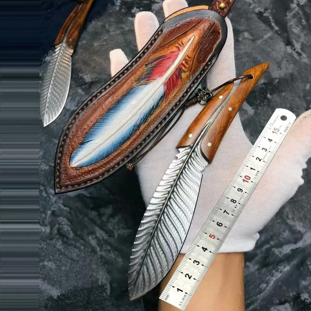 

Нож с фиксированным лезвием из дамасской стали с цветочным узором, 107 слоев, в кожаном футляре, многофункциональный Мультитул для кемпинга, ...