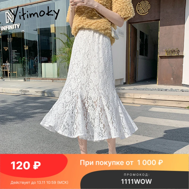 

Черные женские юбки Yitimoky с высокой талией, кружевная белая винтажная Модная элегантная Корейская юбка Y2k, сетчатая Офисная Женская Прозрачн...