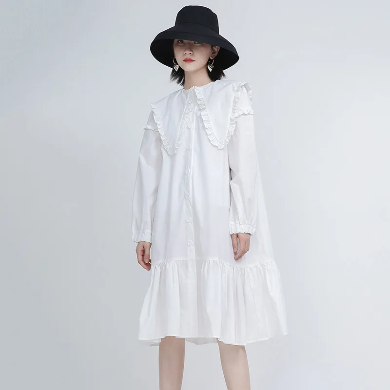 

Женское прямое платье-рубашка до колен, белое свободное платье в готическом стиле, с длинным рукавом и воротником «Питер Пэн», большие разме...