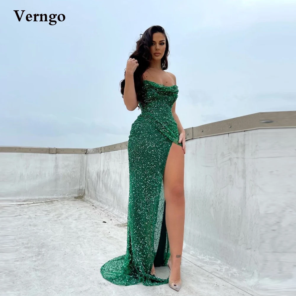 

Verngo Glitter Emermald Green Long Prom Dresses Strapless High Side Slit Evening Gowns 2022 Dubai Women Special Occasion Dress