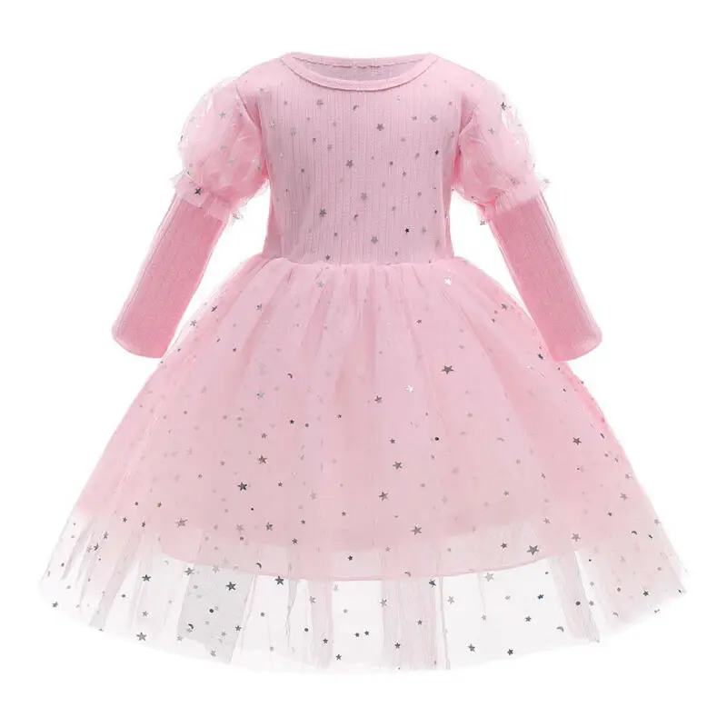 

Girls Long Sleeve Dress Spring and Autumn Fashion Star Gradient Lace Princess Lovely Pink Party Pompous COTTON