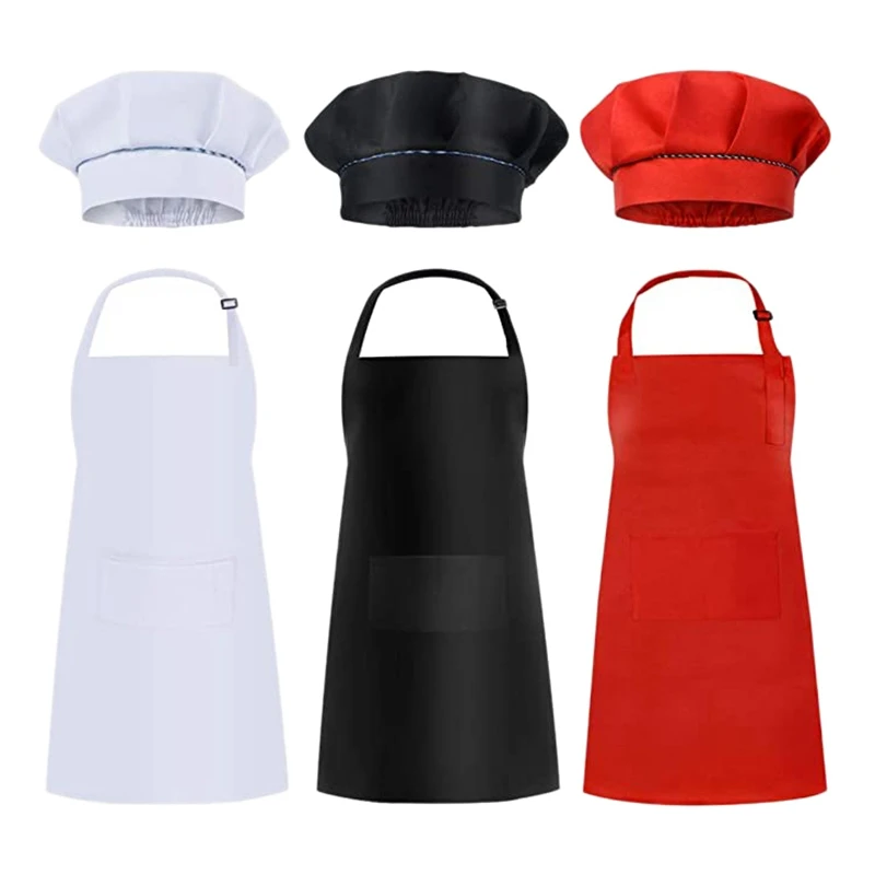 

HOT SALE 6 Pcs Kids Aprons and Hats Set Children Chef Aprons for Cooking Baking Painting Aprons White + Black + Red