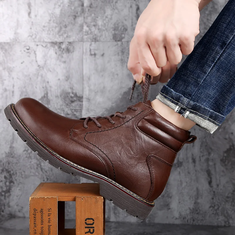 Мужские теплые ботинки из натуральной кожи Черные Водонепроницаемые с плюшевой