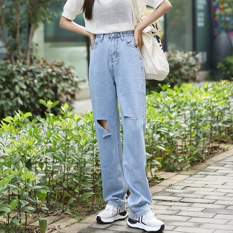 

Dark blue torn jeans women summer thin loose high waist wide leg straight pants jeans for women high waisted jeans