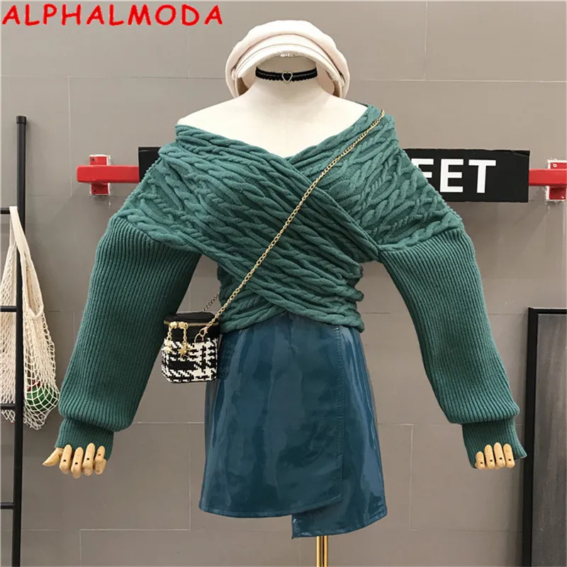 

Женский скрученный пуловер ALPHALMODA, свитер с перекрестным V-образным вырезом и рукавом летучая мышь, Обтягивающий джемпер на осень 2019