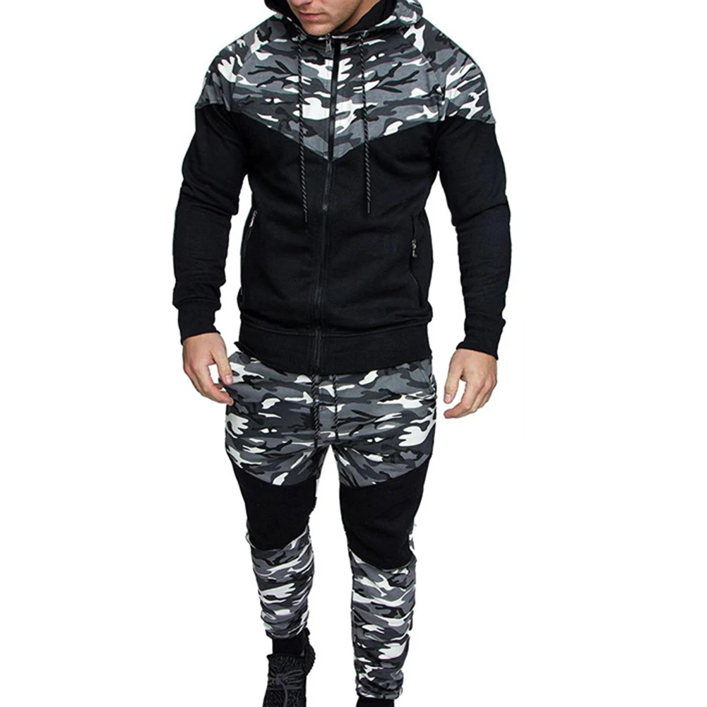 

Sets Tracksuit Men Autumn Winter Hooded Sweatshirt Chic Men Camouflage Print Sport Zipper Hooded Coat Pants Suit Tracksuit 2020