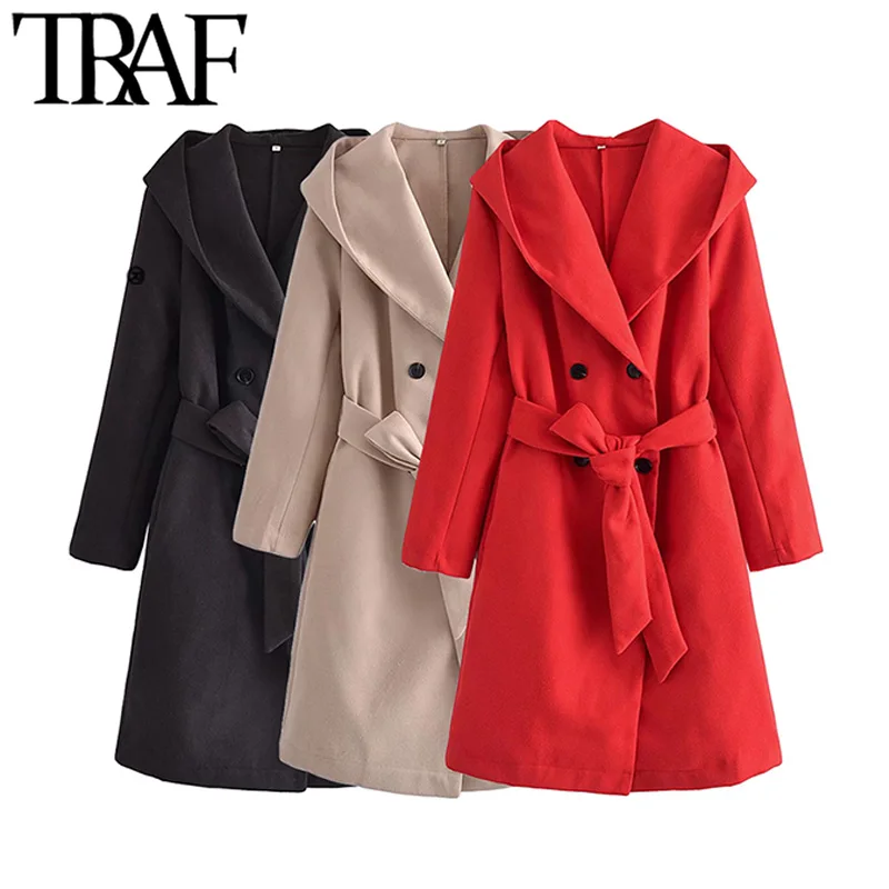 

Женское шерстяное пальто с поясом, двойным рядом пуговиц и капюшоном