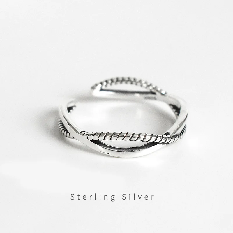 

S925 Sterling Silver Wave Interwoven Ring Korean Chic Retro Trend Women's Opening Ring Tail Ring Fashion Jewelry