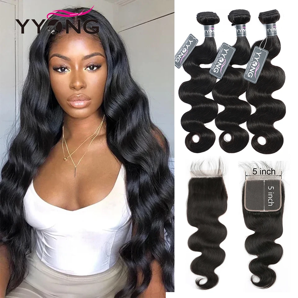 YYong 5x5 застежка пряди Remy перуанская волна тела 3/ 4 с застежкой естественного цвета