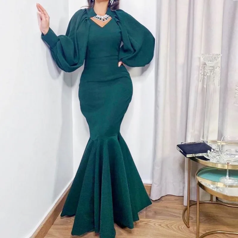 

Saudi Arabia Dark Green Evening Gowns Puffy Long Sleeves V Neck Mermaid Prom Dresses Robe De Soiree Zipper Back Formal Wear